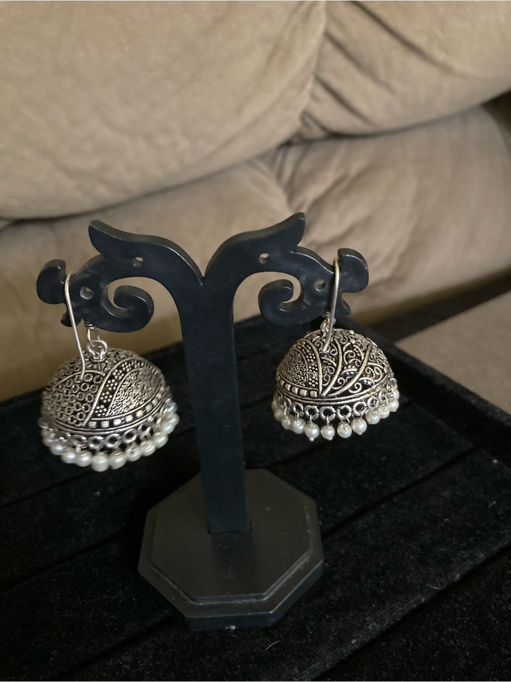 Silver-tone Filigree Pearl Jhumka Earrings